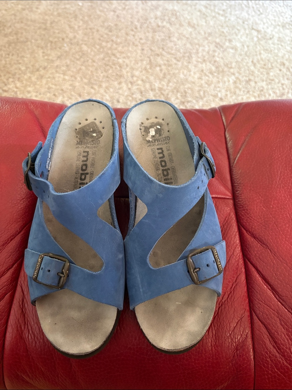 Mephisto Women’s Blue Suede Buckle Slide Sandals Very Good Condition